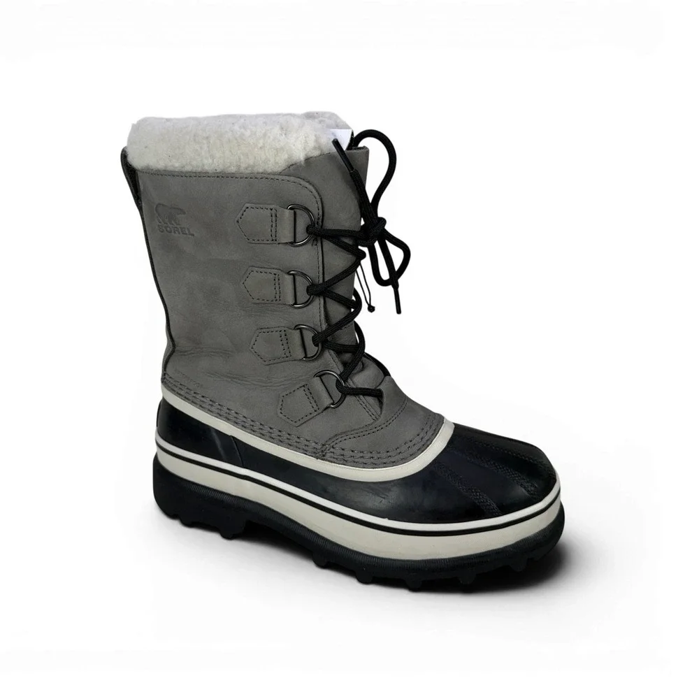Sorel Caribou Winter Snow Boots Women 7.5 Shale Grey Nubuck WP Black Rubber